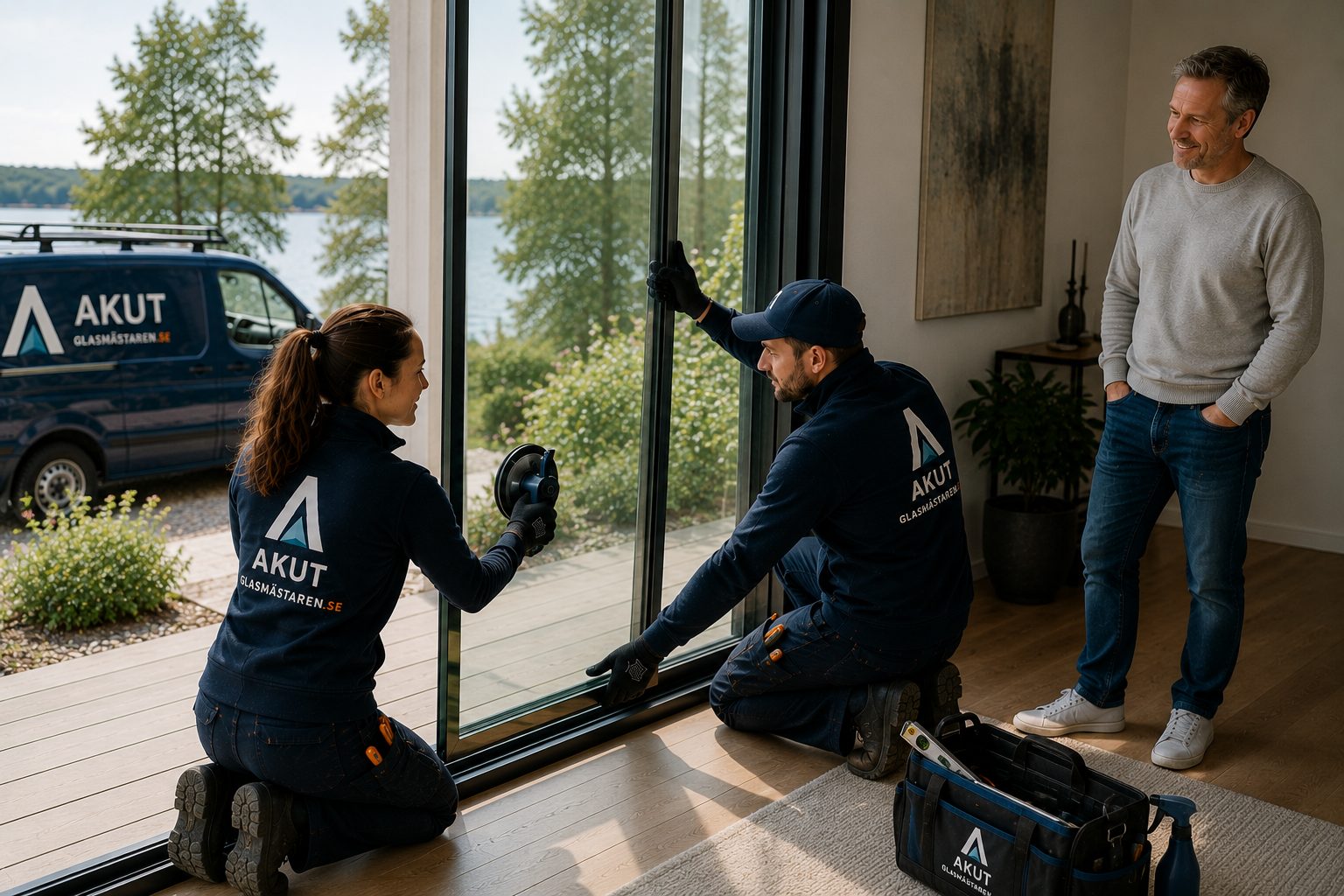 Glasmästare justerar en skjutdörr av glas