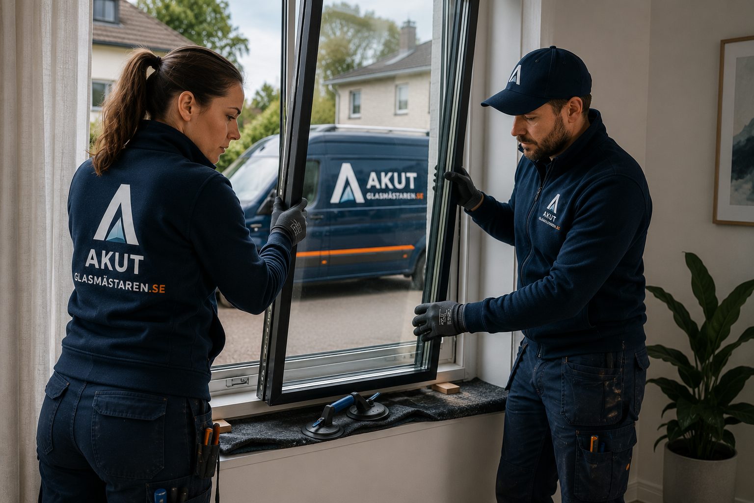 Glasmästare monterar ett nytt fönster inomhus