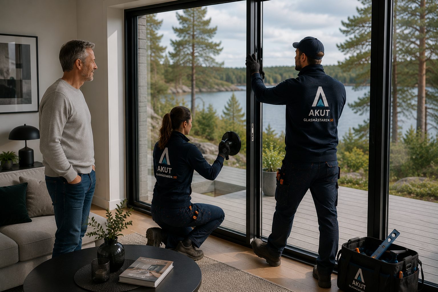 Glasmästare monterar en stor glasvägg inomhus